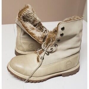 Timberland Women's Beige Ankle Boot Faux Fur Lined Suede Leather Sz 8M PO Good